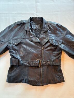 Women's Black Leather Belted Biker Vintage 80s Jacket